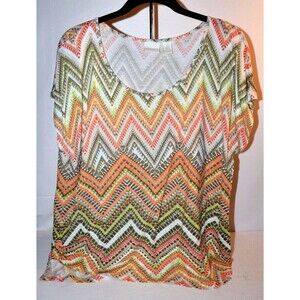 Chico's Women Orange White Chevron Print Blouse Size 3 XL Cruise button detail